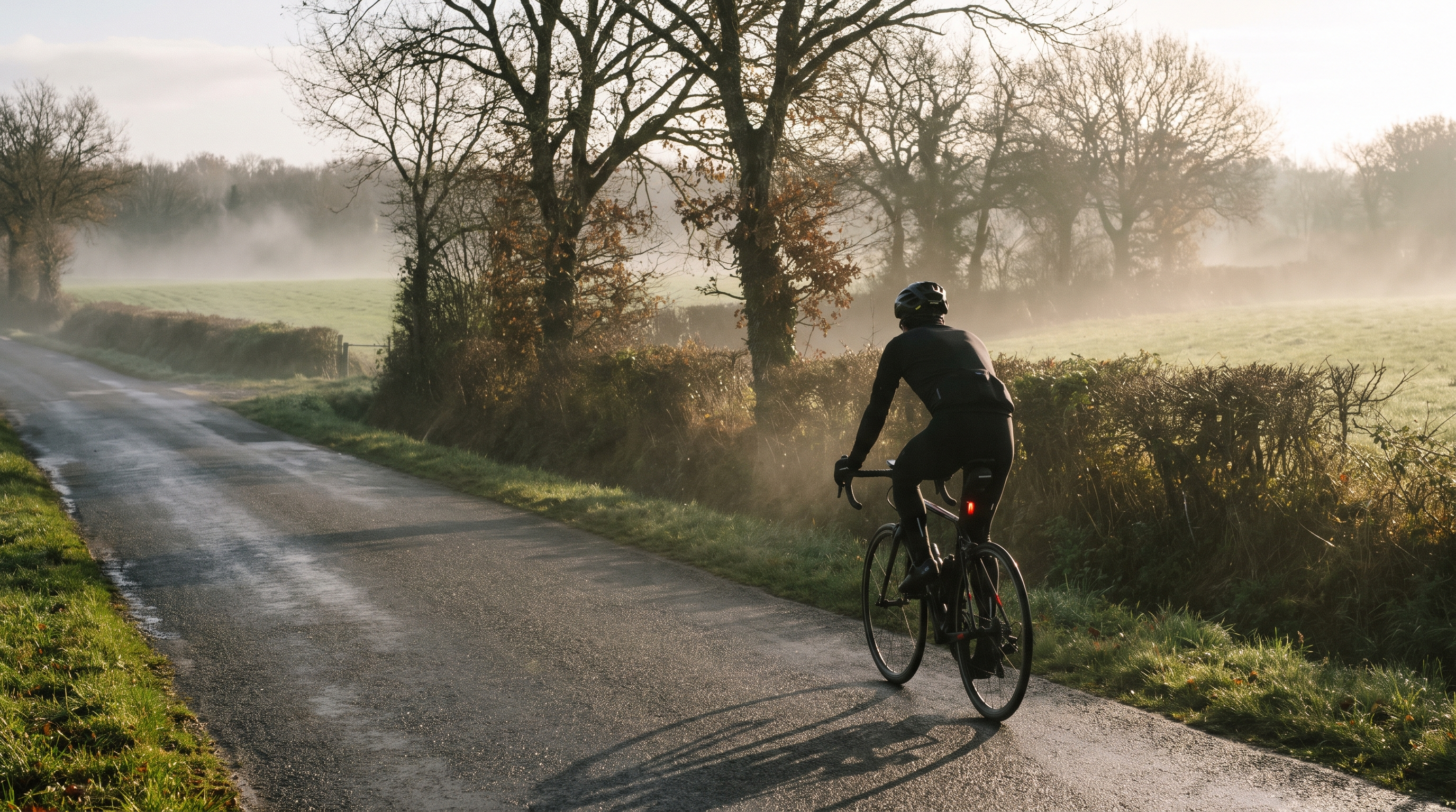 Triathlète à vélo sur une route de campagne vendéenne par un matin froid d'automne, en tenue cyclisme hiver